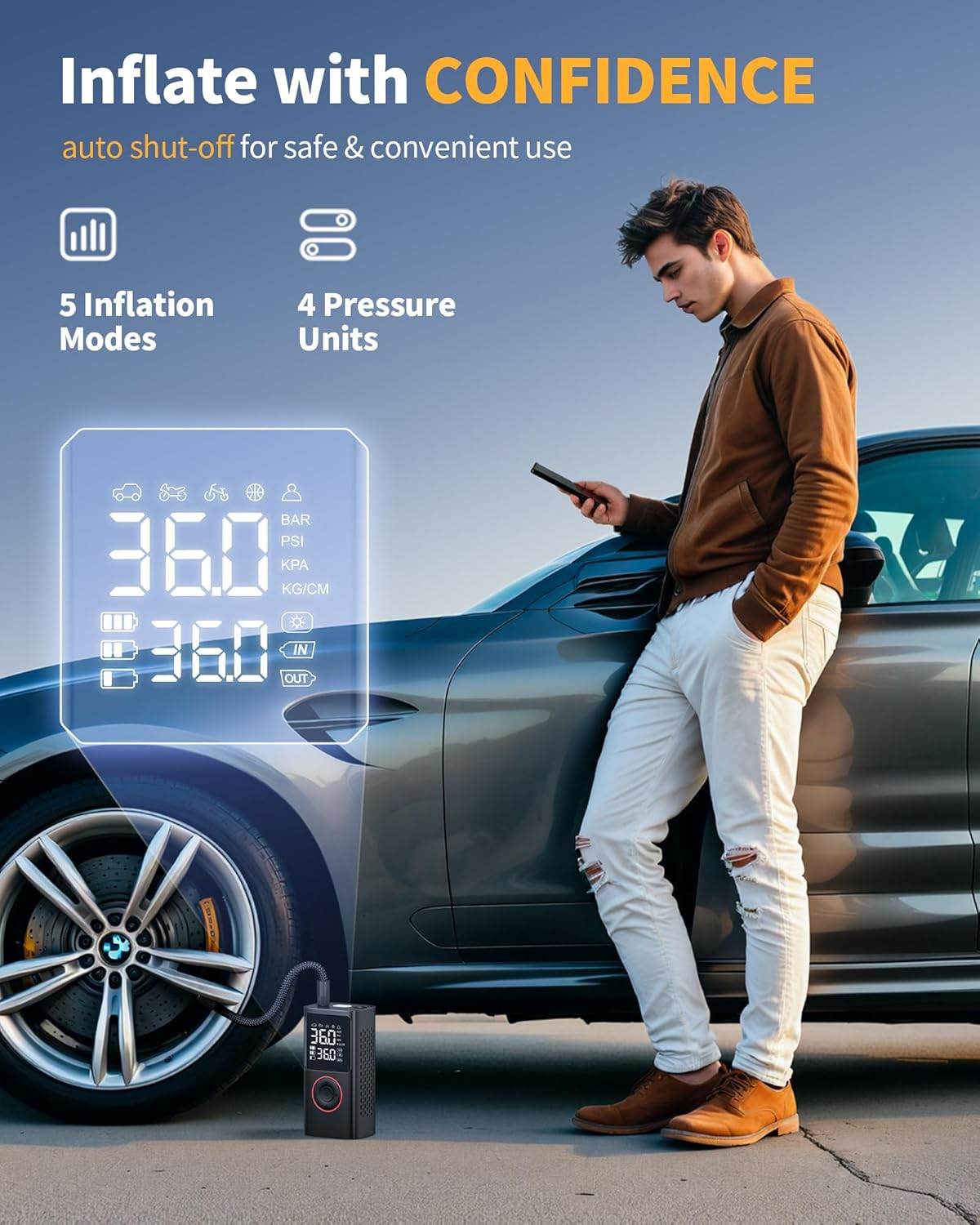 Cordless Tire Inflator - Portable Air Pump with LED & Digital Display 150 PSI